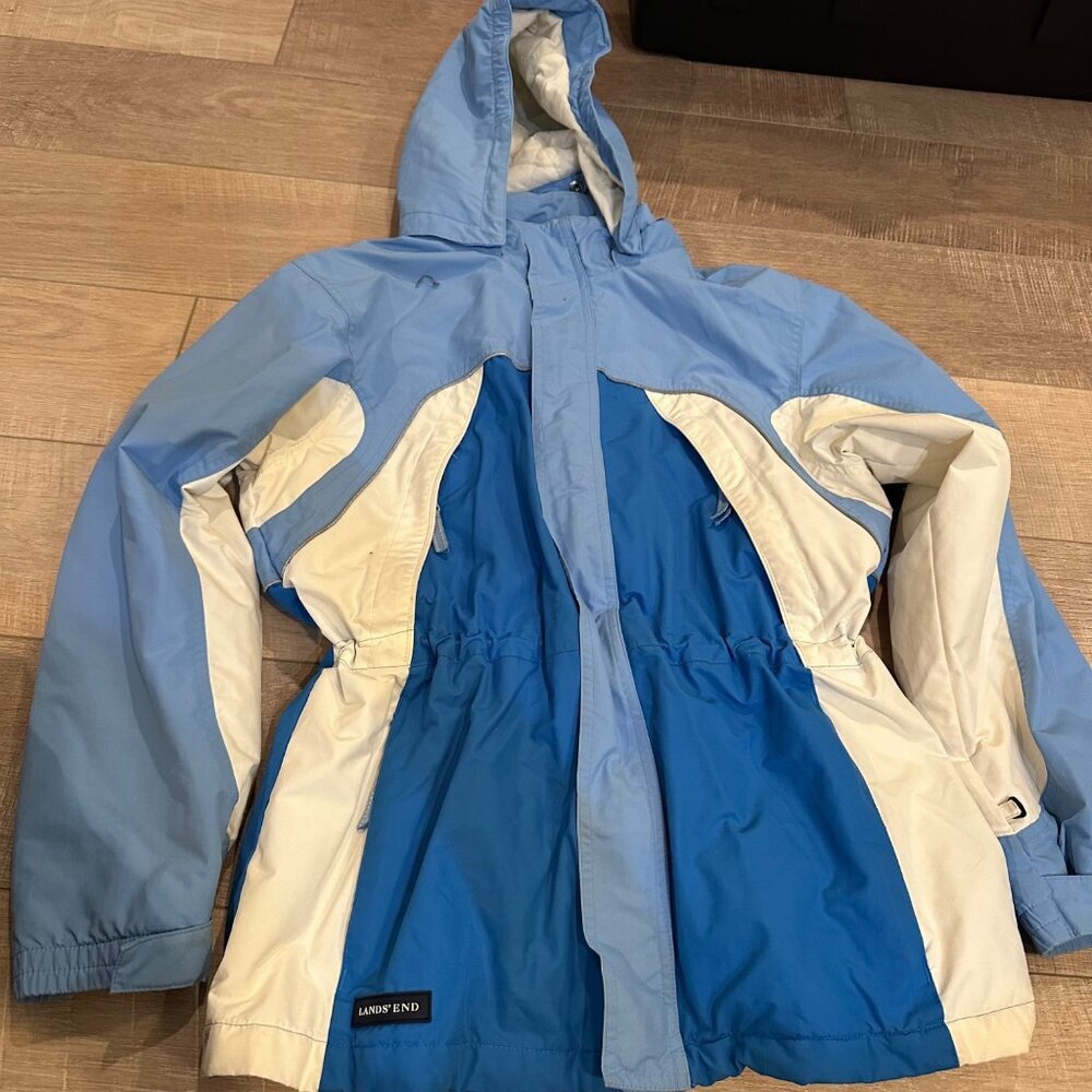 LANDS END YOUTH GIRLS SKI JACKET BLUE WHITE LARGE 14-16 HOODED